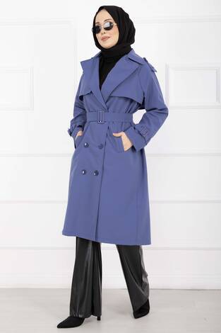 Allerli Seyyar Kuşaklı Premium Trençkot İndigo - Thumbnail