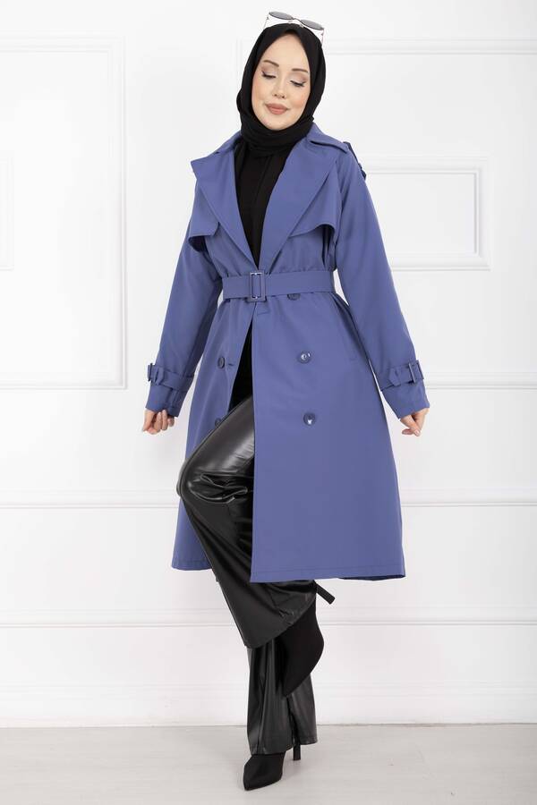 MD - Allerli Seyyar Kuşaklı Premium Trençkot İndigo