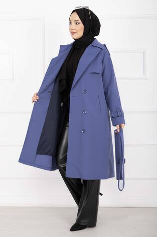 Allerli Seyyar Kuşaklı Premium Trençkot İndigo - Thumbnail