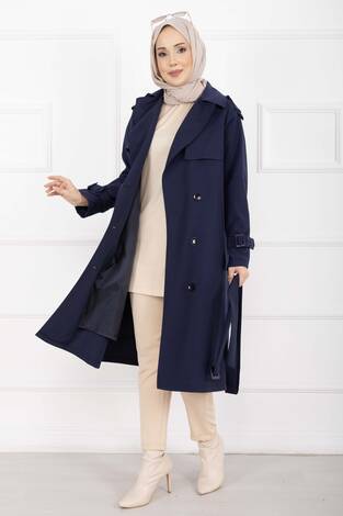Allerli Seyyar Kuşaklı Premium Trençkot Lacivert - Thumbnail