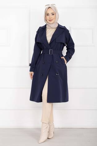 Allerli Seyyar Kuşaklı Premium Trençkot Lacivert - Thumbnail