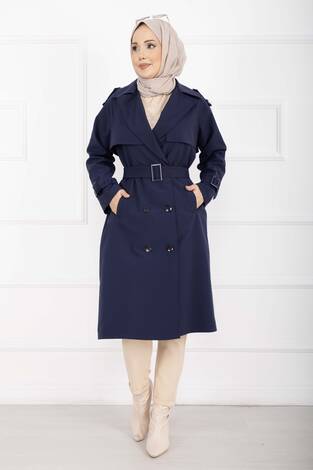 Allerli Seyyar Kuşaklı Premium Trençkot Lacivert - Thumbnail
