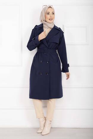 Allerli Seyyar Kuşaklı Premium Trençkot Lacivert