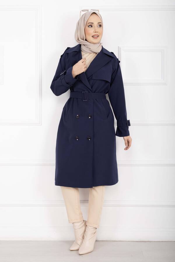 MD - Allerli Seyyar Kuşaklı Premium Trençkot Lacivert
