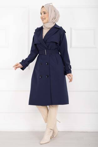 Allerli Seyyar Kuşaklı Premium Trençkot Lacivert - Thumbnail