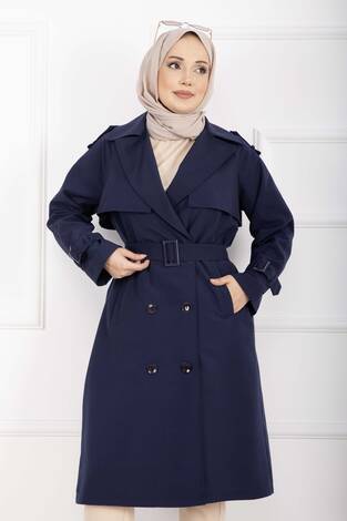 Allerli Seyyar Kuşaklı Premium Trençkot Lacivert - Thumbnail