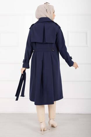 Allerli Seyyar Kuşaklı Premium Trençkot Lacivert - Thumbnail