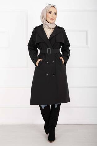 Allerli Seyyar Kuşaklı Premium Trençkot Siyah - Thumbnail