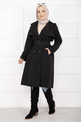 Allerli Seyyar Kuşaklı Premium Trençkot Siyah - Thumbnail