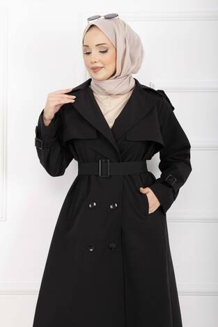 Allerli Seyyar Kuşaklı Premium Trençkot Siyah - Thumbnail