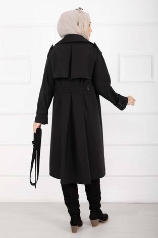 Allerli Seyyar Kuşaklı Premium Trençkot Siyah - Thumbnail