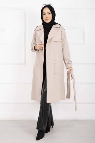 Allerli Seyyar Kuşaklı Premium Trençkot Taş - Thumbnail