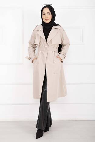 Allerli Seyyar Kuşaklı Premium Trençkot Taş - Thumbnail