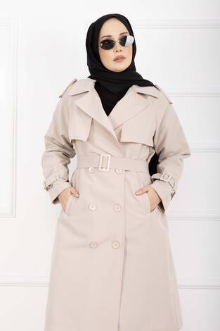 Allerli Seyyar Kuşaklı Premium Trençkot Taş - Thumbnail