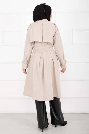 Allerli Seyyar Kuşaklı Premium Trençkot Taş - Thumbnail