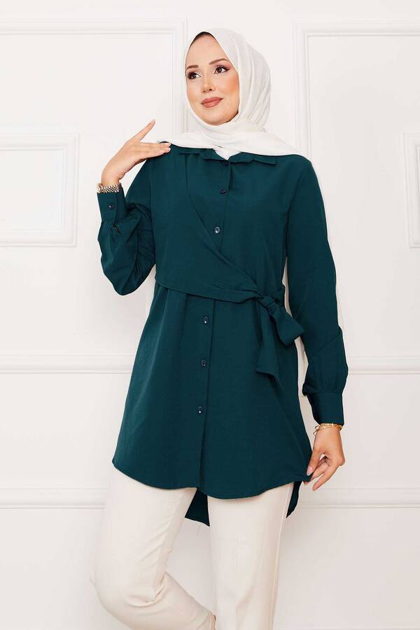 Asm - Allerli Yandan Bağlamalı Tesettür Gömlek Petrol (1)