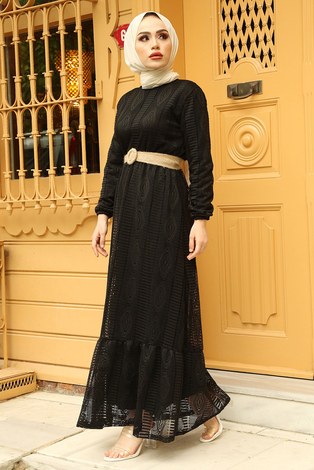 Altı Volanlı Dantel Elbise 8580-1 Siyah - Thumbnail