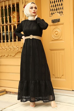 Altı Volanlı Dantel Elbise 8580-1 Siyah - Thumbnail
