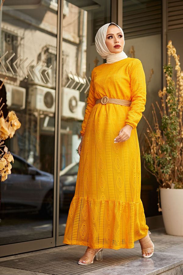 Altı Volanlı Dantel Elbise 8580-3 Sarı