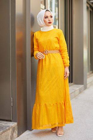 Altı Volanlı Dantel Elbise 8580-3 Sarı - Thumbnail
