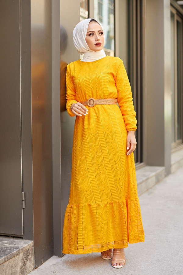 Altı Volanlı Dantel Elbise 8580-3 Sarı