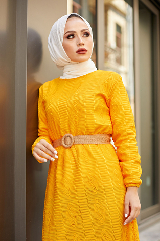 Altı Volanlı Dantel Elbise 8580-3 Sarı - Thumbnail