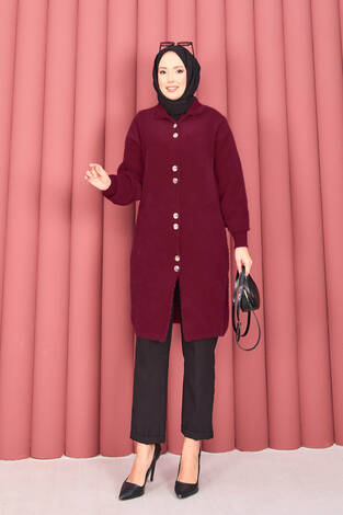 Altın Düğmeli Tesettür Angora Hırka Bordo - Thumbnail