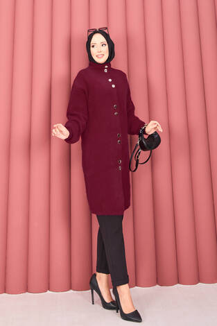 Altın Düğmeli Tesettür Angora Hırka Bordo - Thumbnail