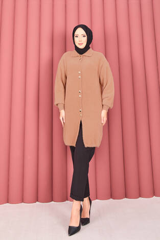 Altın Düğmeli Tesettür Angora Hırka Camel - Thumbnail