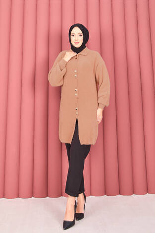 Altın Düğmeli Tesettür Angora Hırka Camel - Thumbnail