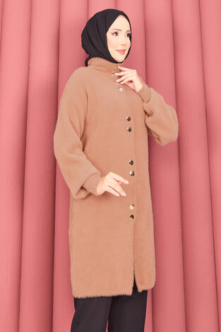 Altın Düğmeli Tesettür Angora Hırka Camel - Thumbnail
