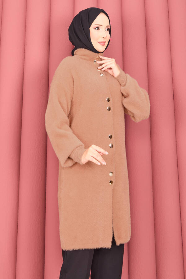 Gold Düğmeli Tesettür Angora Hırka Camel - 5