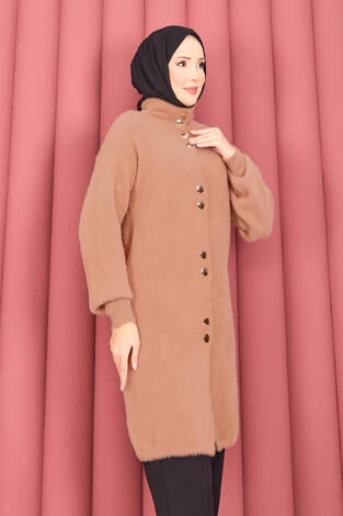 Altın Düğmeli Tesettür Angora Hırka Camel - Thumbnail