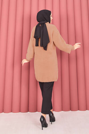 Altın Düğmeli Tesettür Angora Hırka Camel - Thumbnail