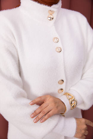 Gold Düğmeli Tesettür Angora Hırka Ekru - Thumbnail