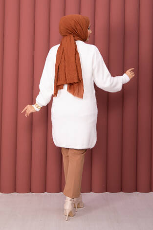 Gold Düğmeli Tesettür Angora Hırka Ekru - Thumbnail