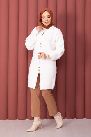 Gold Düğmeli Tesettür Angora Hırka Ekru - Thumbnail