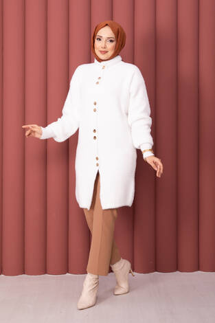 Gold Düğmeli Tesettür Angora Hırka Ekru - Thumbnail