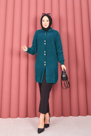 Altın Düğmeli Tesettür Angora Hırka Petrol - Thumbnail