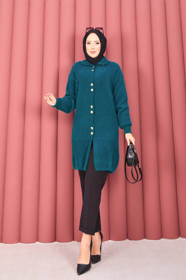 Kb - Altın Düğmeli Tesettür Angora Hırka Petrol