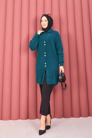 Altın Düğmeli Tesettür Angora Hırka Petrol - Thumbnail