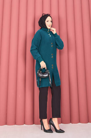 Altın Düğmeli Tesettür Angora Hırka Petrol - Thumbnail