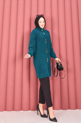 Altın Düğmeli Tesettür Angora Hırka Petrol - Thumbnail