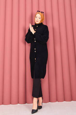 Altın Düğmeli Tesettür Angora Hırka Siyah - Thumbnail