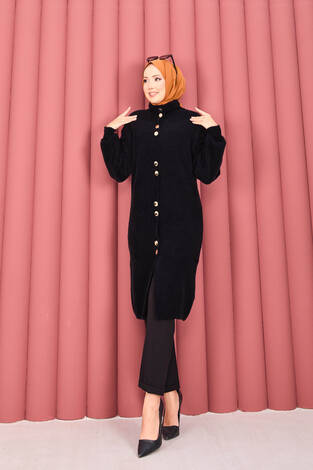 Altın Düğmeli Tesettür Angora Hırka Siyah - Thumbnail