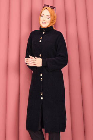 Altın Düğmeli Tesettür Angora Hırka Siyah - Thumbnail