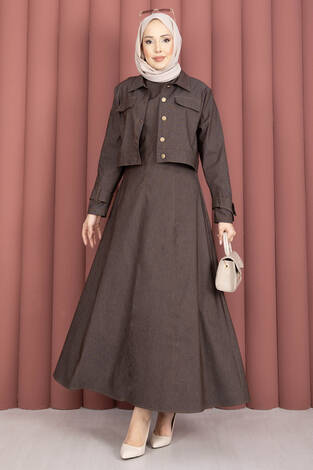 Apolet Detaylı Elbise - Ceket Kot İkili Takım Kahve - Thumbnail