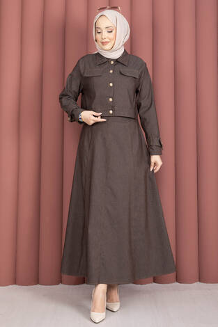 Apolet Detaylı Elbise - Ceket Kot İkili Takım Kahve - Thumbnail