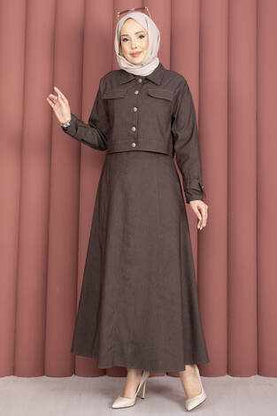 Apolet Detaylı Elbise - Ceket Kot İkili Takım Kahve - Thumbnail