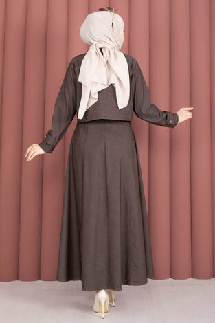 Apolet Detaylı Elbise - Ceket Kot İkili Takım Kahve - Thumbnail